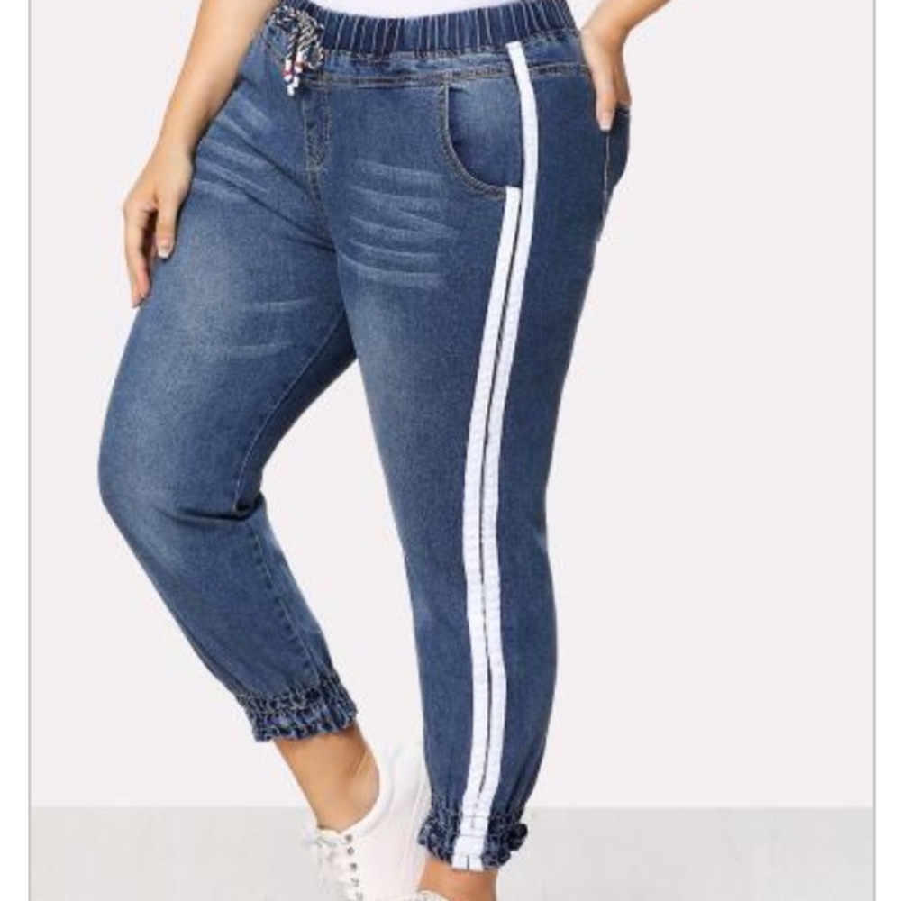 Striped Side Drawstring Waist Jeans (plus size)